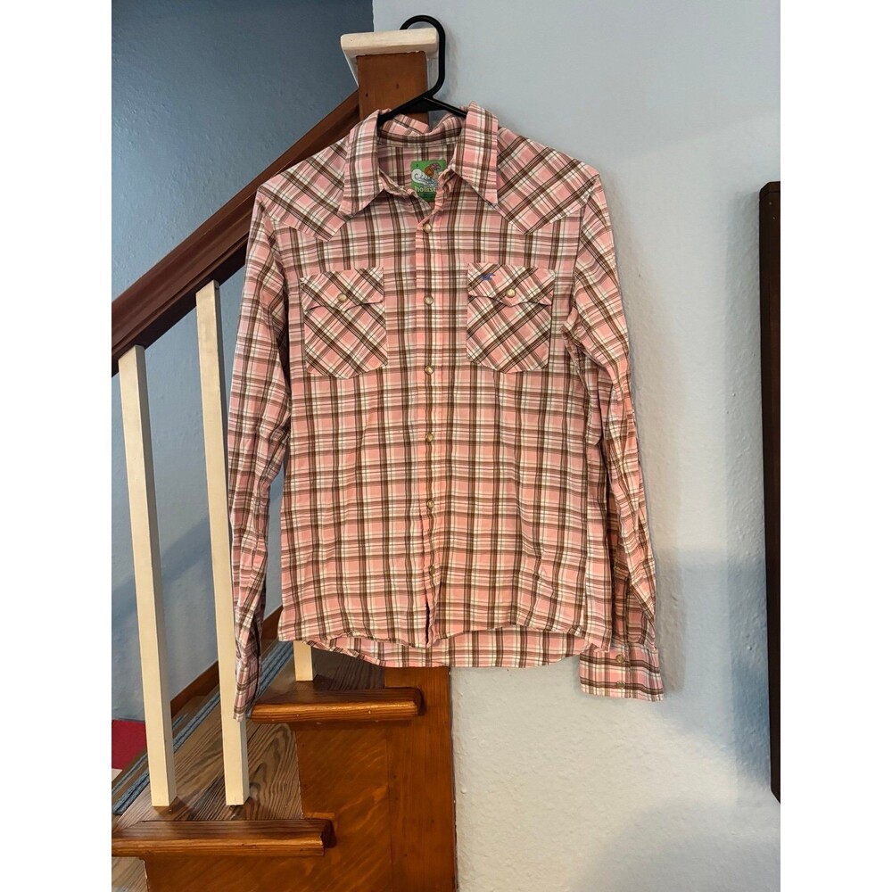 Hollister vtg y2k pearl snap cowboy pink plaid button up shirt small western
